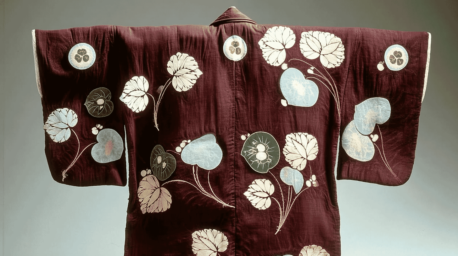 Purple Haori with Hollyhock Crest and Hollyhock Leaf