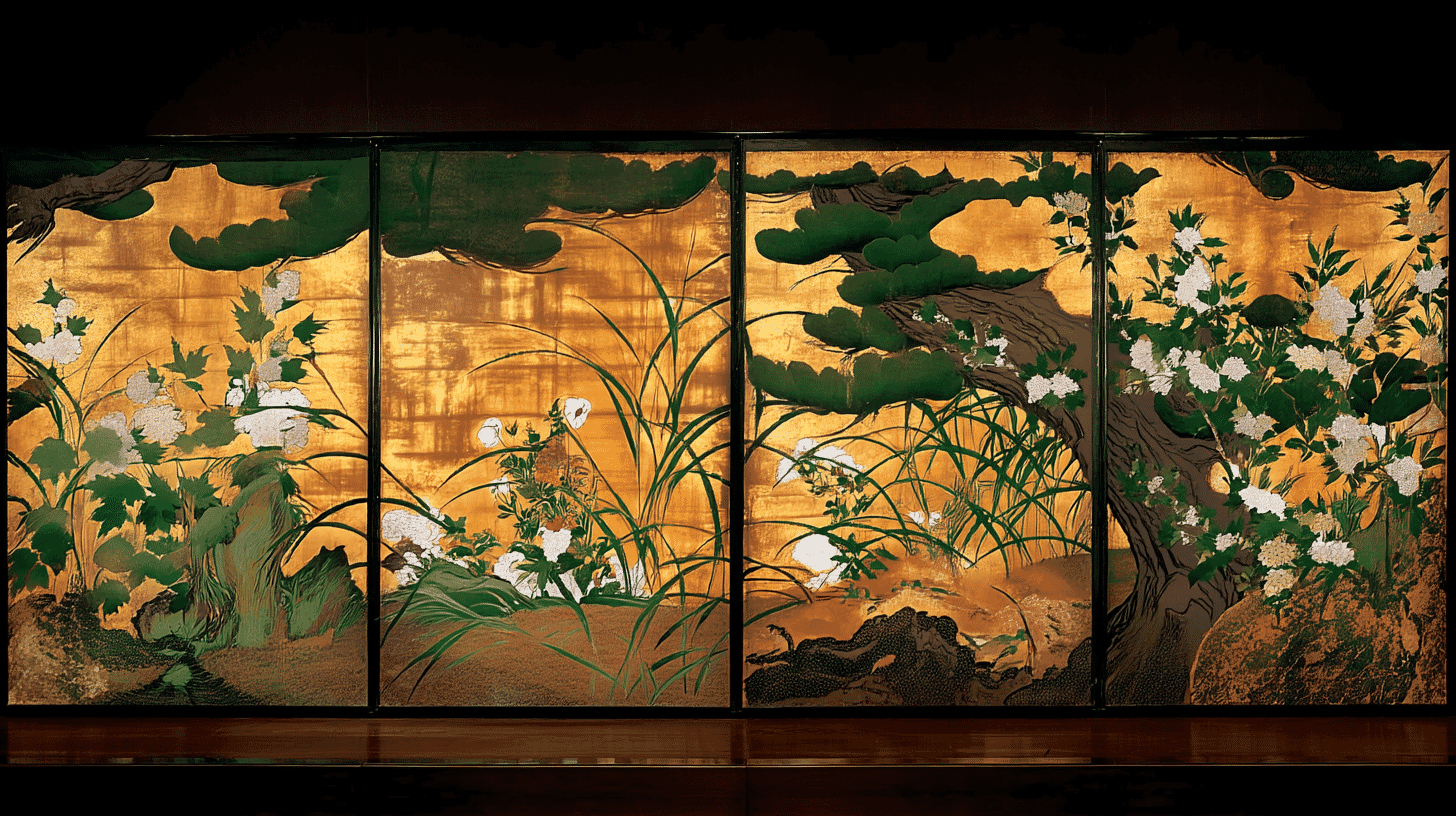 Two Panel Folding Screen, Painted Gold on Paper with a