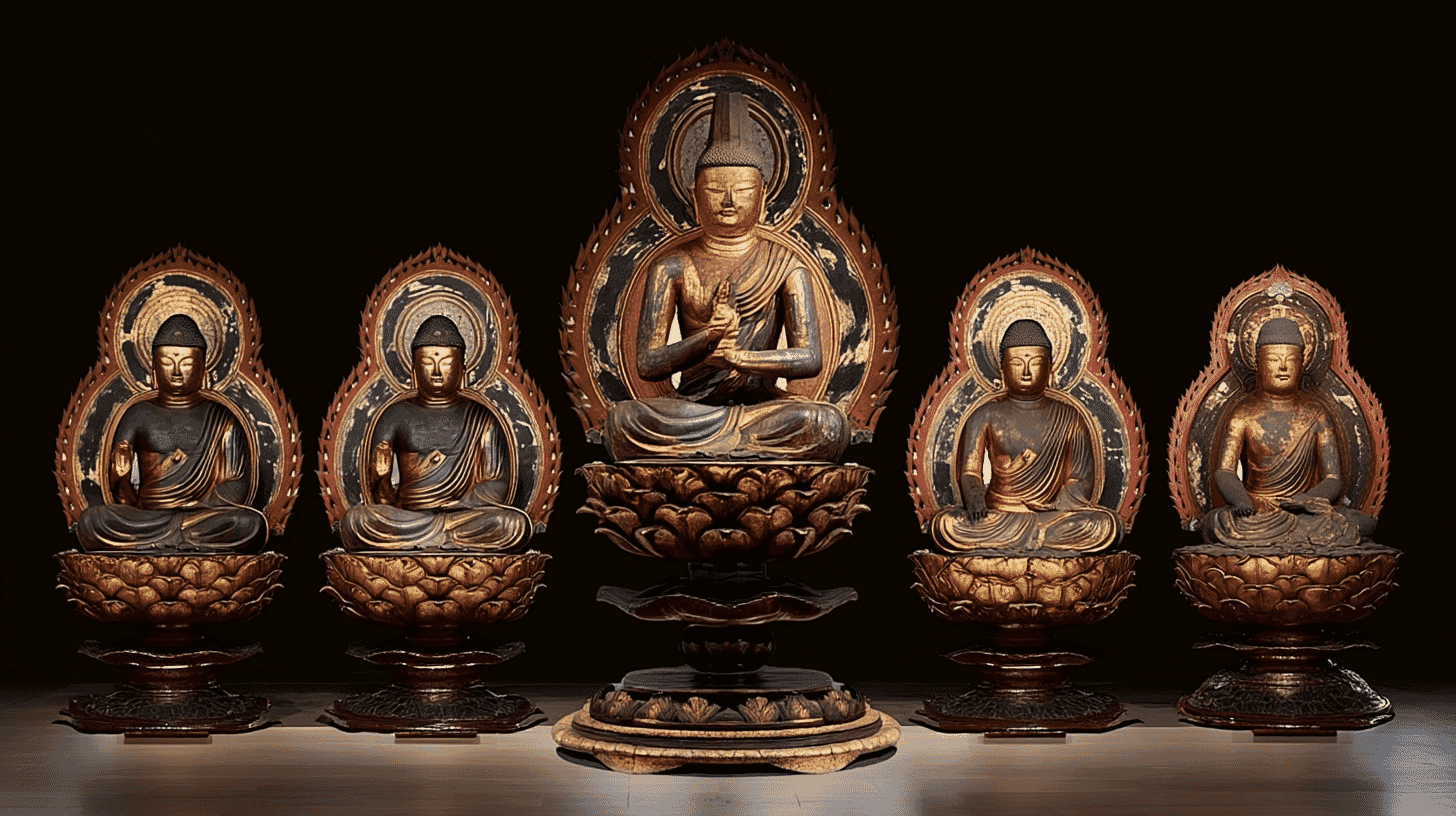 Wooden Seated Statues of the Five Wisdom Buddhas